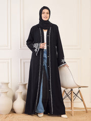 Front Open Black Solid Hand Work Detailing Luxury Abaya Burqa For Women With Black Hijab