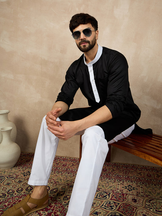 Black Solid Piping Detailing Cotton Kurta and Pajama Set For Men