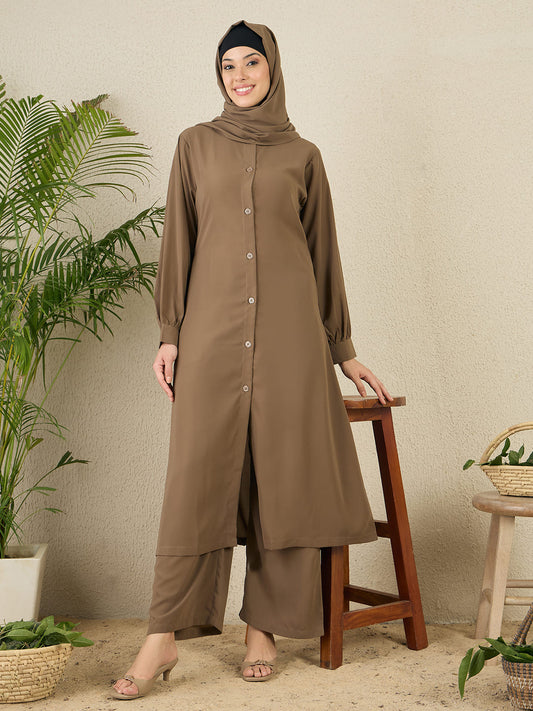 Front Open Khaki(Oat) Solid Co-Ord Set for Women