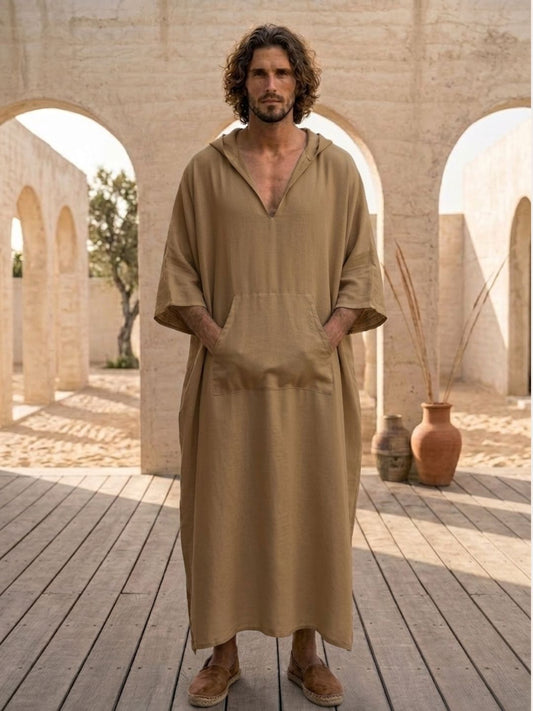 Men’s Beige Hooded Linen Kaftan – Oversized Resort Wear Beach Cover-Up