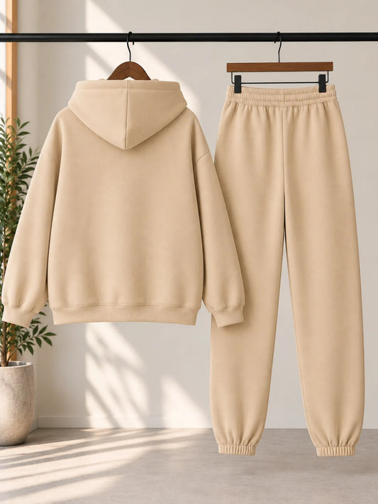 Fleece Hoodie and Joggers Set for Women – Beige Casual Two-Piece Lounge Outfit