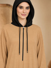 Modest Beige Jersey Abaya with Attached Black Hood