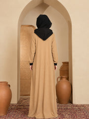 Modest Beige Jersey Abaya with Attached Black Hood