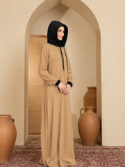 Modest Beige Jersey Abaya with Attached Black Hood