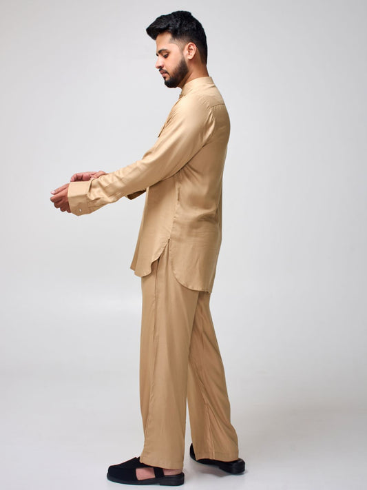 Beige Solid Farsi Kurta Pants Set for Men