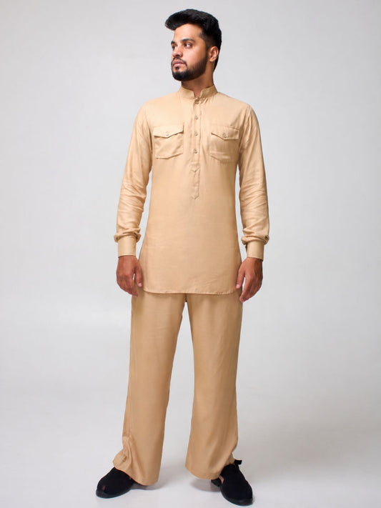 Beige Solid Farsi Kurta Pants Set for Men