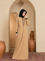 Modest Beige Jersey Abaya with Attached Black Hood