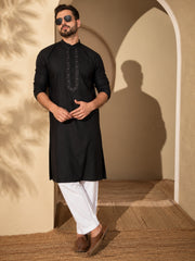 Embroidered Cotton Linen Black Kurta Pajama Set
