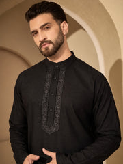 Embroidered Cotton Linen Black Kurta Pajama Set