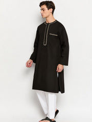 Black Embroidery Details Cotton Men's Kurta Pajama Set