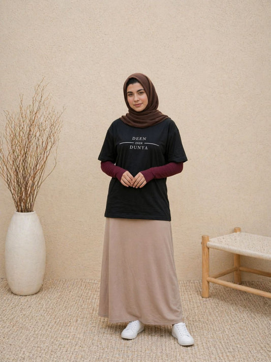 Deen Over Dunya Modest Black T-Shirt for Women