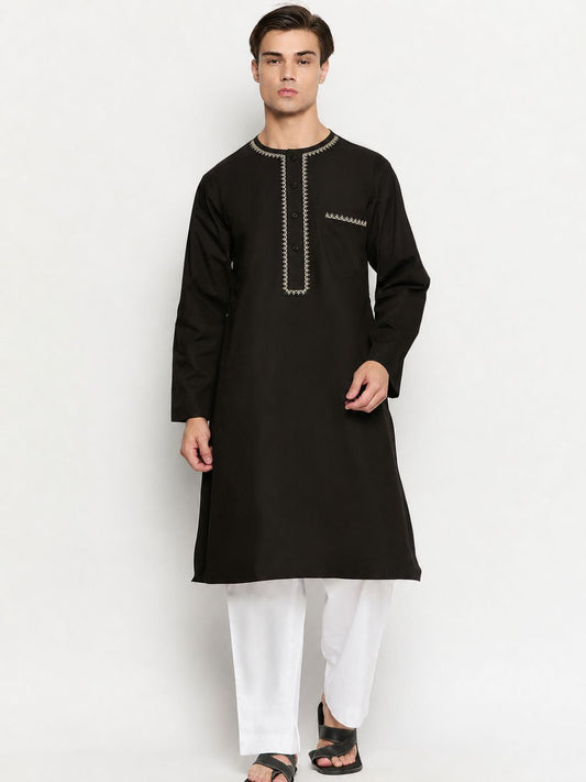 Black Embroidery Details Cotton Men's Kurta Pajama Set