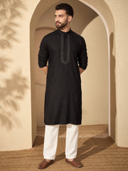 Embroidered Cotton Linen Black Kurta Pajama Set