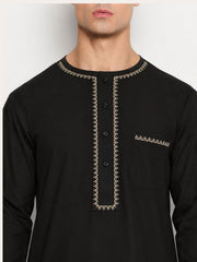 Black Embroidery Details Cotton Men's Kurta Pajama Set