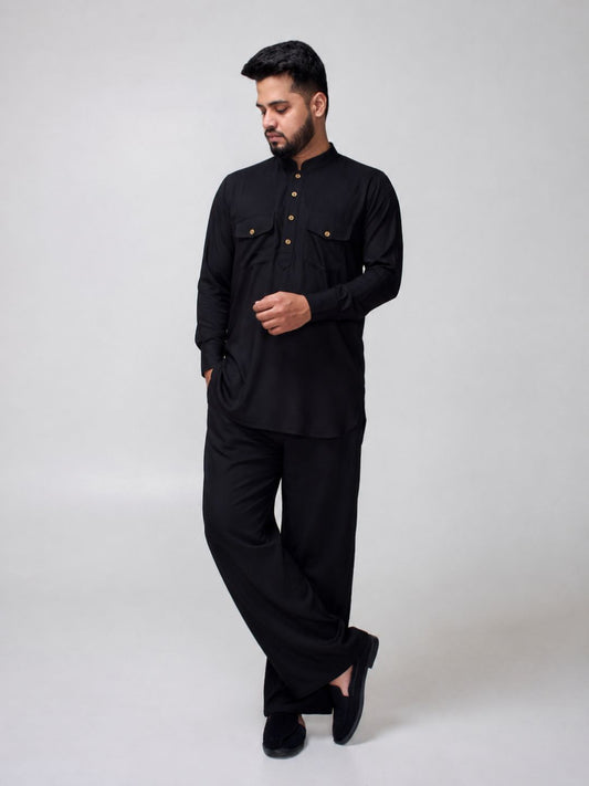 Black Solid Farsi Kurta Pants Set for Men