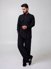 Black Solid Farsi Kurta Pants Set for Men