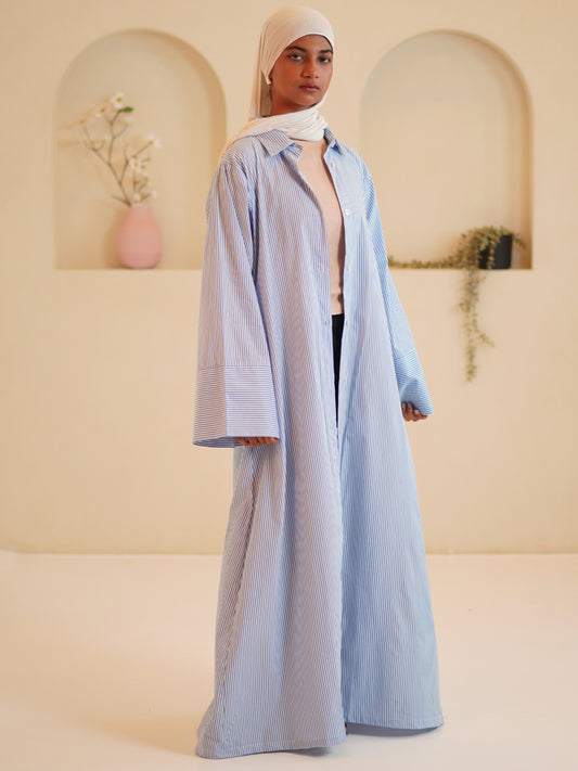 Modest Front Open Blue Striped Shirt Dress