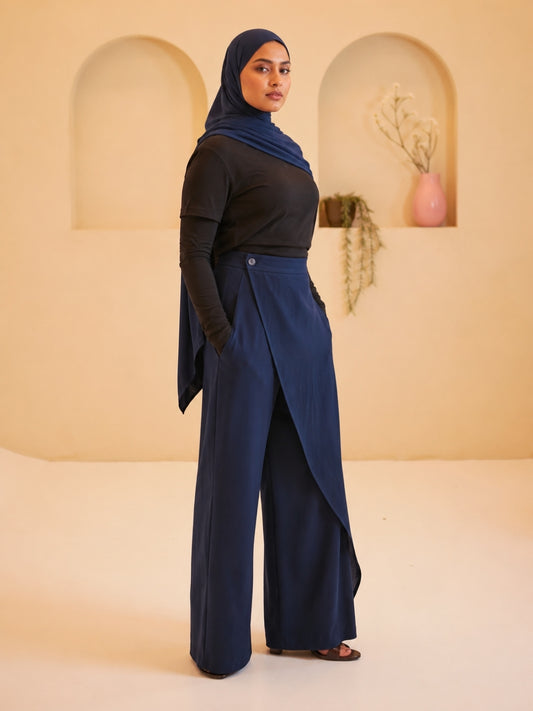 Modest Overlap Solid Navy Blue Trousers