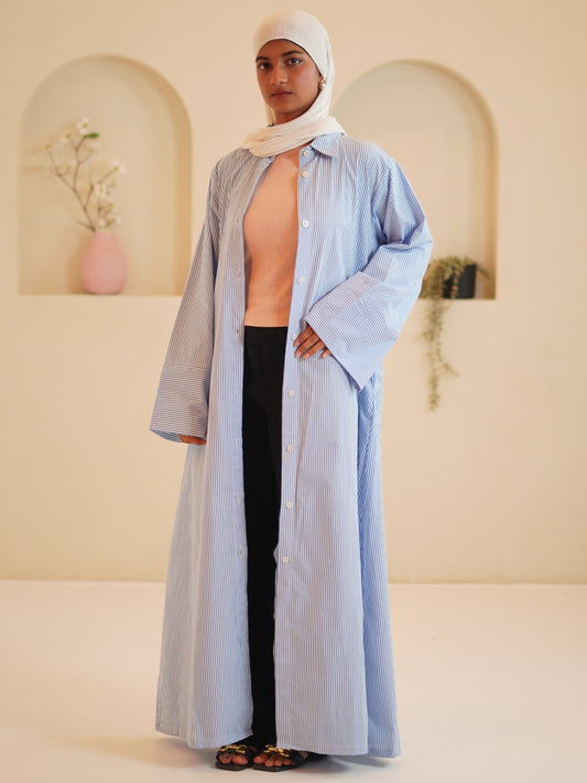 Modest Front Open Blue Striped Shirt Dress