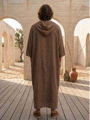 Men’s Brown Hooded Linen Oversized Kaftan – Resort Wear Beach Cover-Up