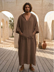 Men’s Brown Hooded Linen Oversized Kaftan – Resort Wear Beach Cover-Up
