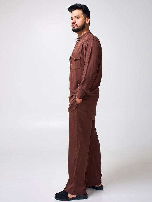 Brown Solid Farsi Kurta Pants Set for Men