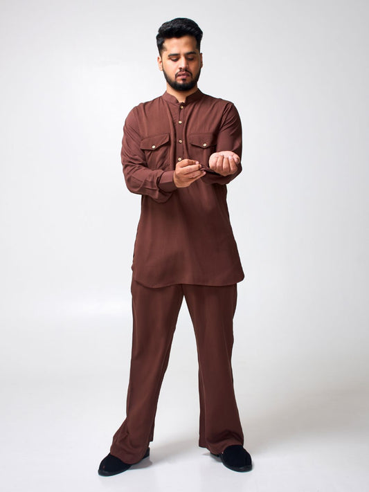 Brown Solid Farsi Kurta Pants Set for Men