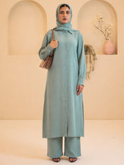 Modest Pastel Green Front Open Long Shirt & Pants Set with Matching Hijab