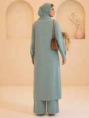 Modest Pastel Green Front Open Long Shirt & Pants Set with Matching Hijab