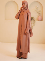 Modest Front Open Rust Long Shirt & Pants Set with Matching Hijab