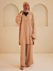 Modest Beige Solid Women's Retro Co-Ord Set