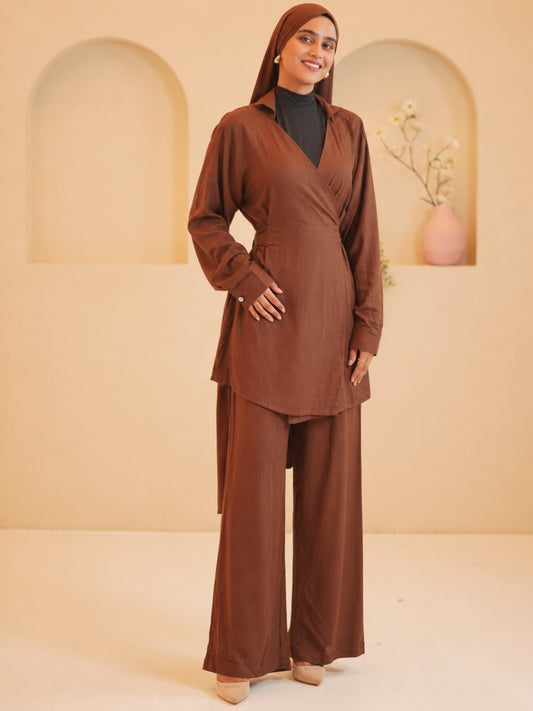 Modest Brown Essential Wrap Tie Solid Co-Ord Set