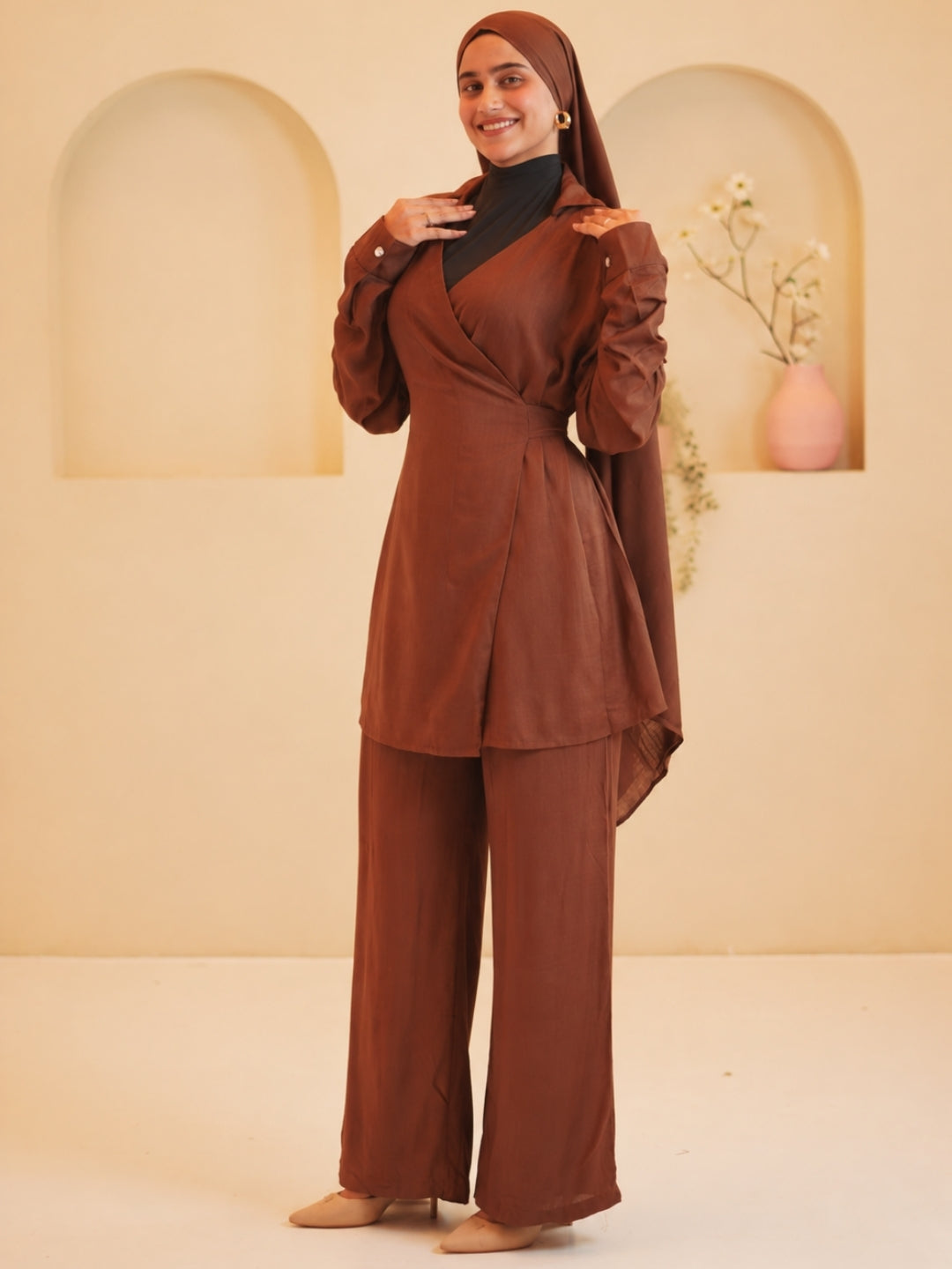 Modest Brown Essential Wrap Tie Solid Co-Ord Set