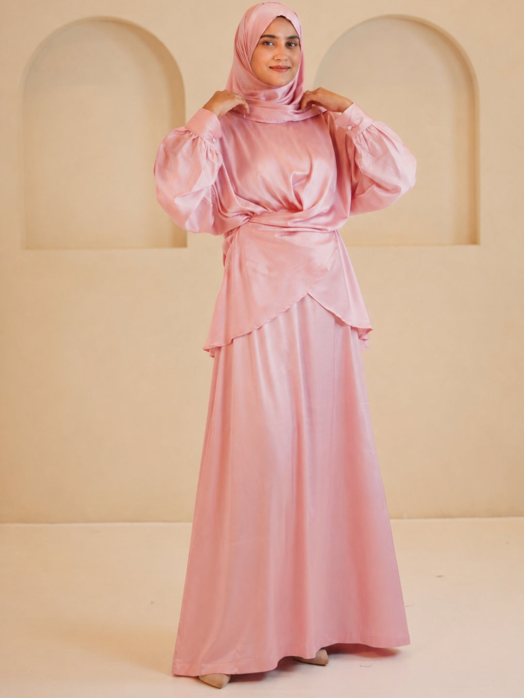 Modest Women’s Pink Draped Dress 2 Piece Set with Matching Dupatta