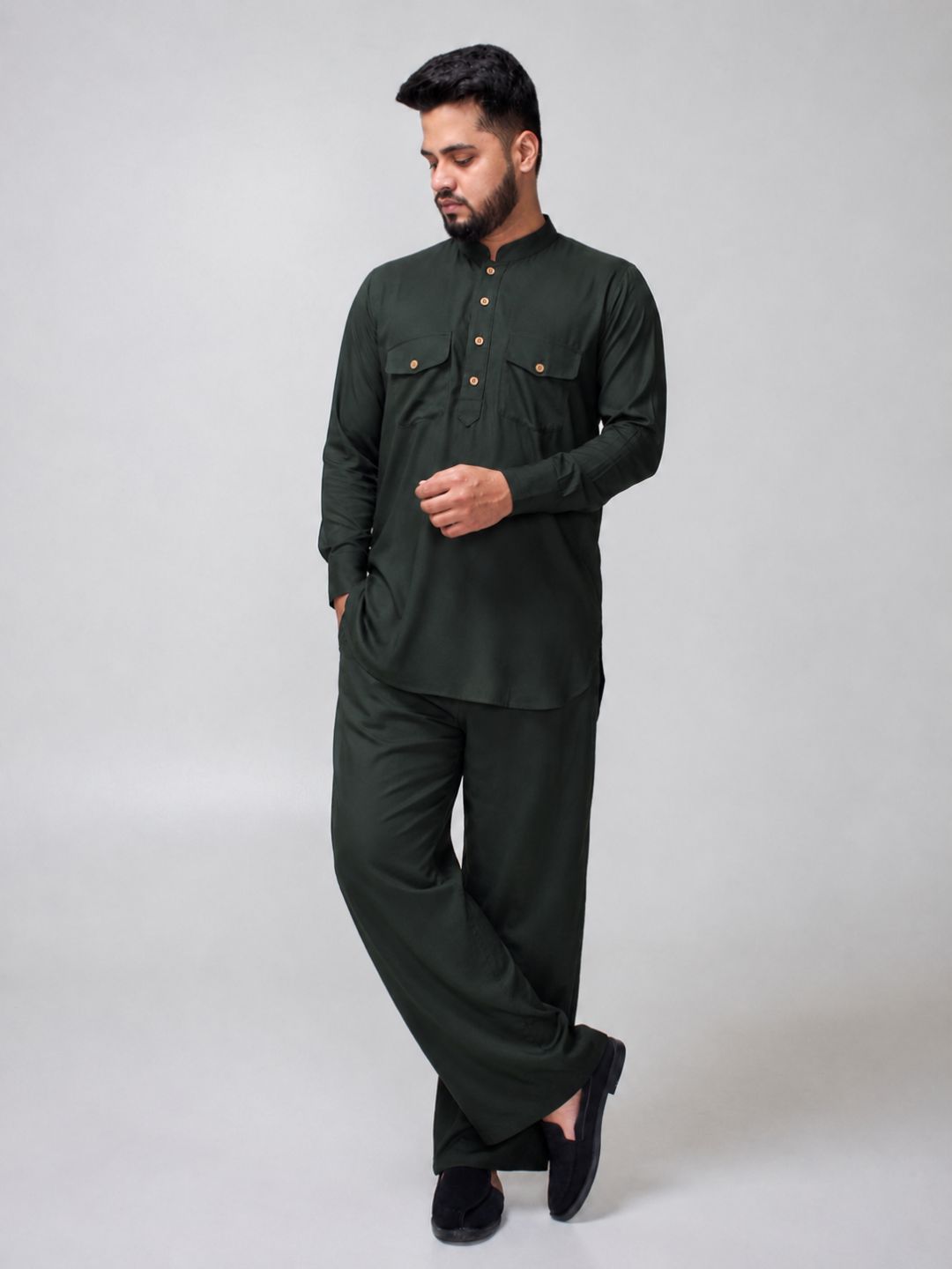 Dark Green Solid Farsi Kurta Pants Set for Men