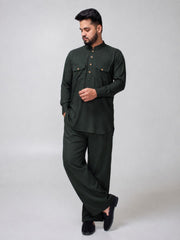 Dark Green Solid Farsi Kurta Pants Set for Men
