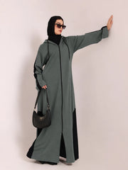 Front Open Jersey Hoodie Abaya – Dusty Sage Green Modest Wear for Women