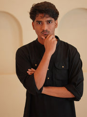 Cotton Linen Men’s Black Solid Kurta Sets