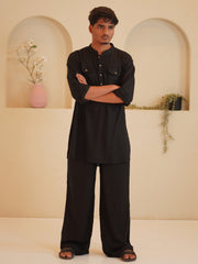 Cotton Linen Men’s Black Solid Kurta Sets