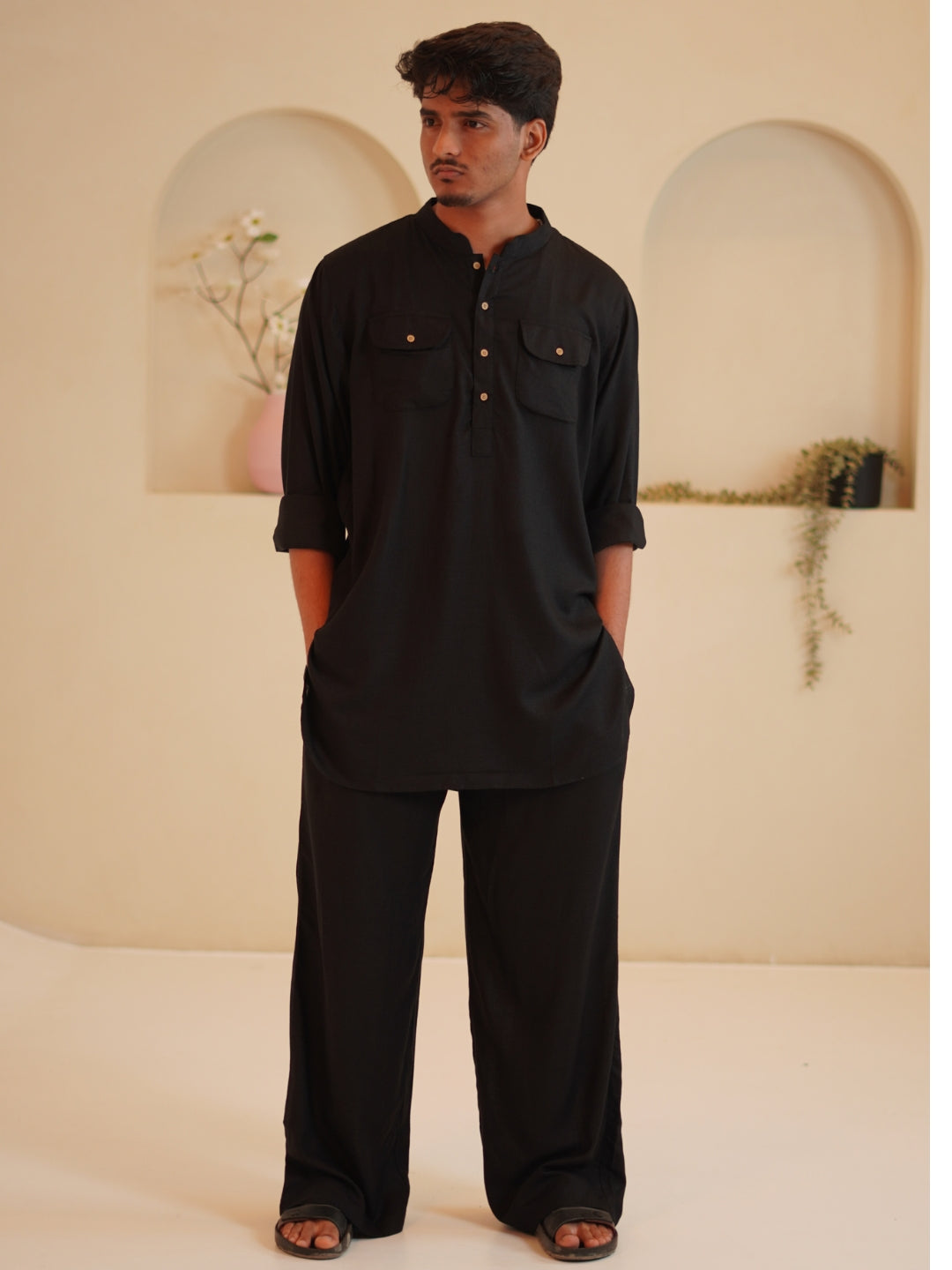 Cotton Linen Men’s Black Solid Kurta Sets