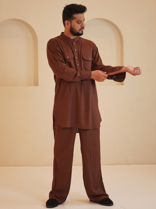 Men's Cotton Linen Signature Brown kurta sets