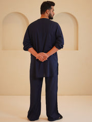 Men's Cotton Linen Essential Navy Blue Kurta Sets