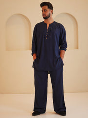 Men's Cotton Linen Essential Navy Blue Kurta Sets