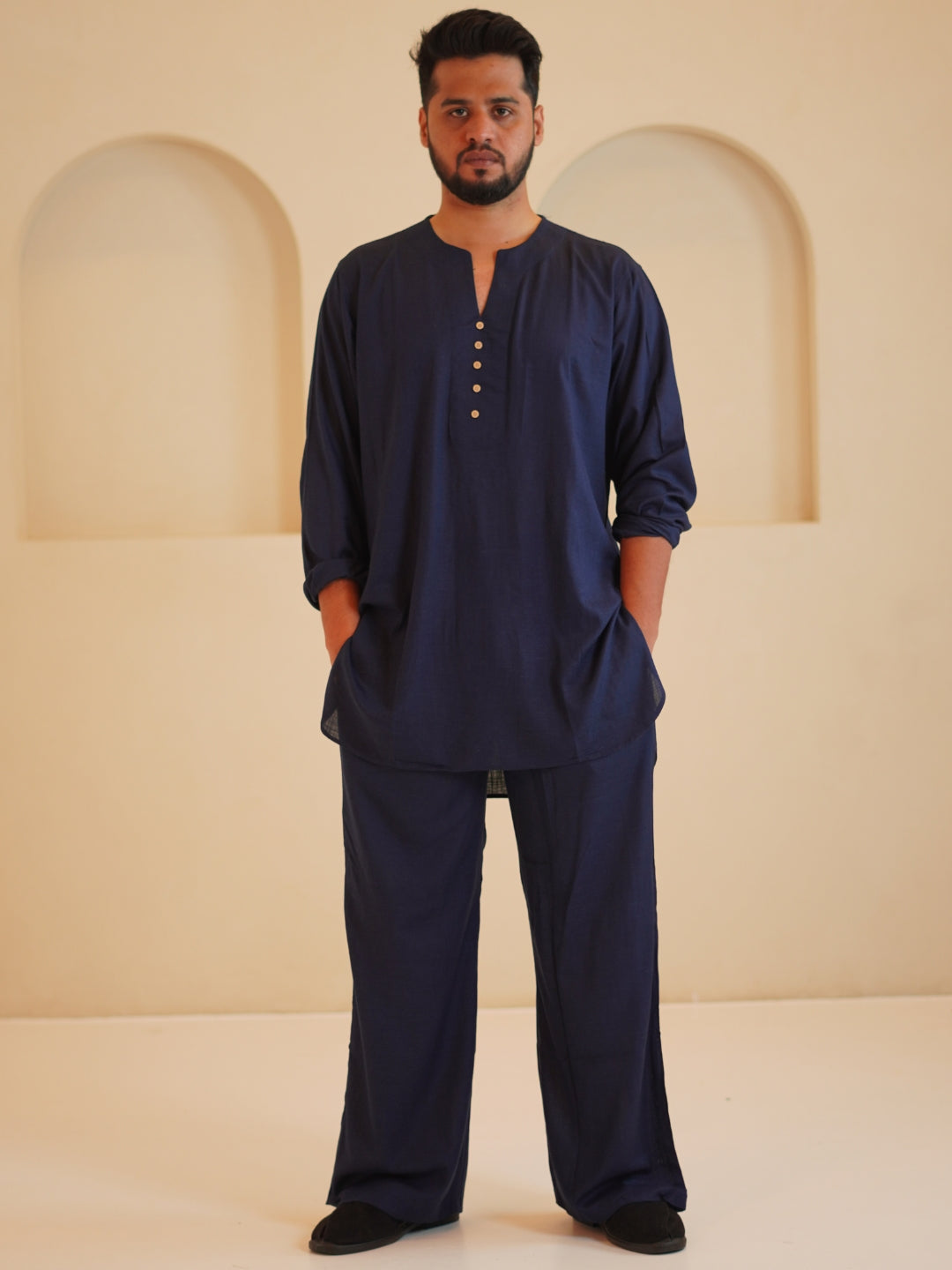 Men's Cotton Linen Essential Navy Blue Kurta Sets