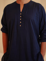 Men's Cotton Linen Essential Navy Blue Kurta Sets