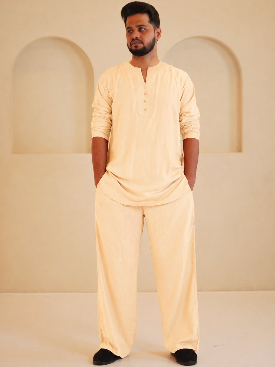 Men's Cotton Linen Essential Cream Beige Kurta Sets