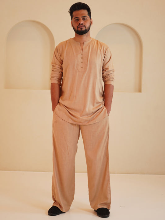 Men's Cotton Linen Essential Beige Kurta Sets