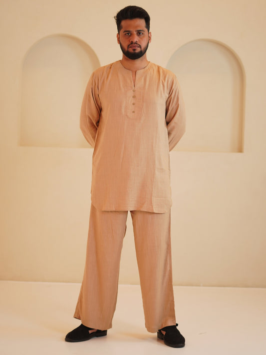 Men's Cotton Linen Essential Beige Kurta Sets