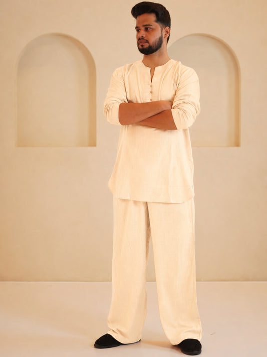 Men's Cotton Linen Essential Cream Beige Kurta Sets