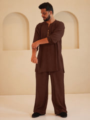 Cotton Linen Essential Brown Solid Kurta Sets for Men